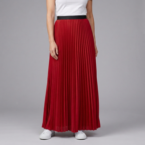 Women's Maxi Skirt | Pleated Elasticated Waist Full Length Red front view