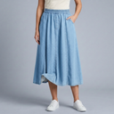 Women's Denim Skirt | Midi Elastic Waist A-Line Pockets Light Blue front view