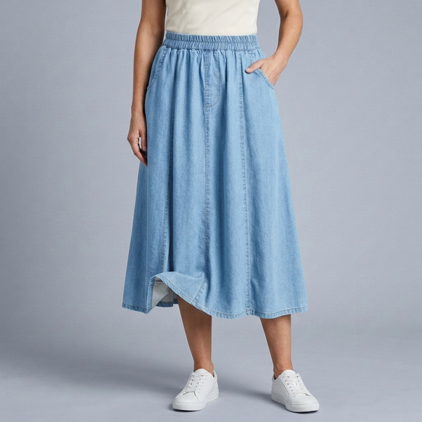 Women's Denim Skirt | Midi Elastic Waist A-Line Pockets Light Blue front view