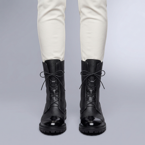 Boots For Women | Leather Lace-Up Ankle Round Toe Black worn front view