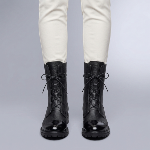 Boots For Women | Leather Lace-Up Ankle Round Toe Black worn front view