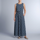 Women's Polka Dot Dress | Maxi Sleeveless Gathered Waist Blue front view