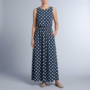 Women's Polka Dot Dress | Maxi Sleeveless Gathered Waist Blue front view