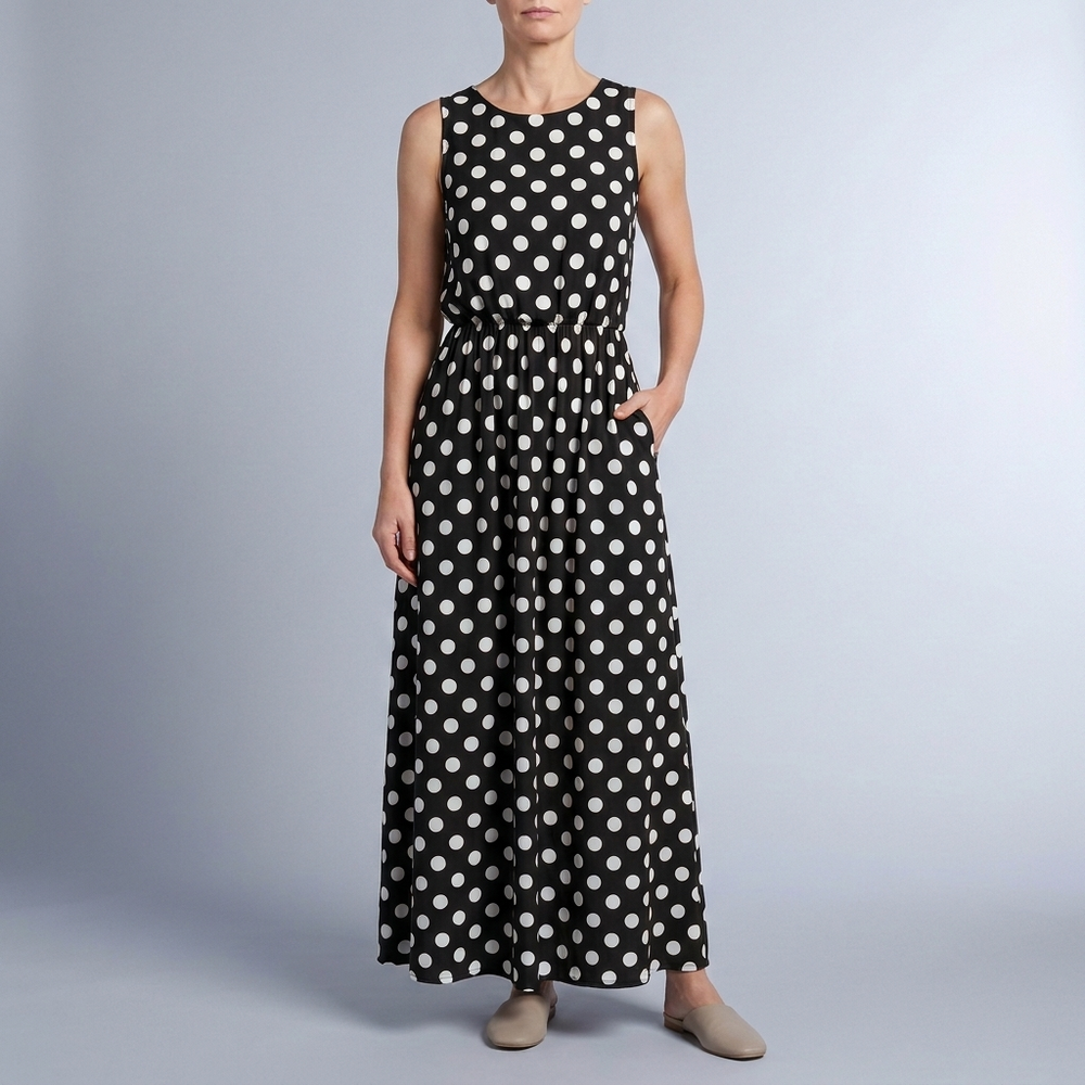 Women's Polka Dot Dress | Maxi Sleeveless Gathered Waist Brown front view