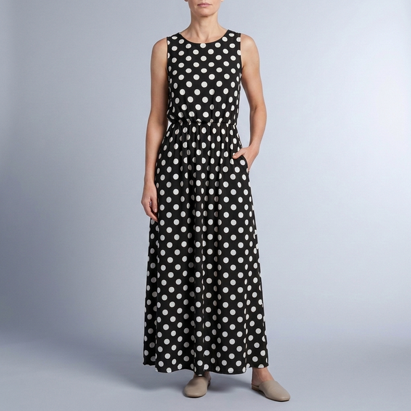 Women's Polka Dot Dress | Maxi Sleeveless Gathered Waist Black front view