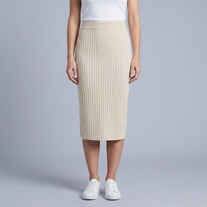 Women's Midi Skirt | Ribbed Knit Side Split Beige front view
