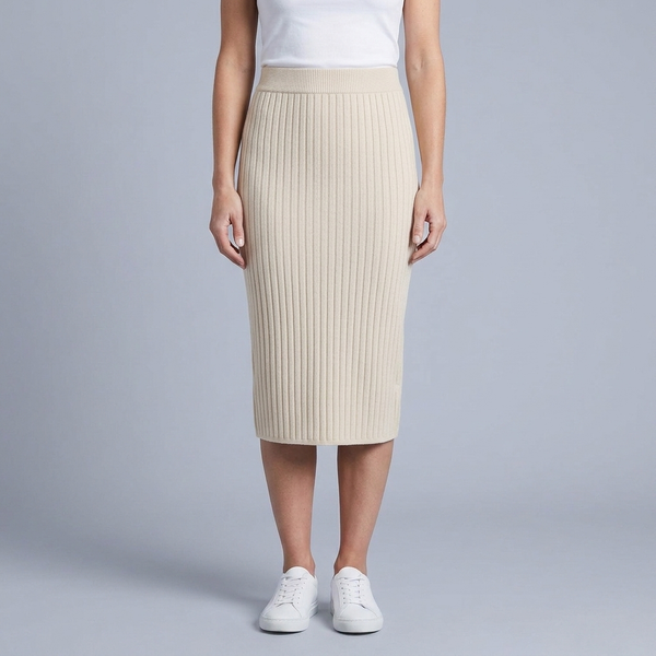 Women's Midi Skirt | Ribbed Knit Side Split Beige front view