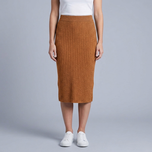 Women's Midi Skirt | Ribbed Knit Side Split Caramel front view