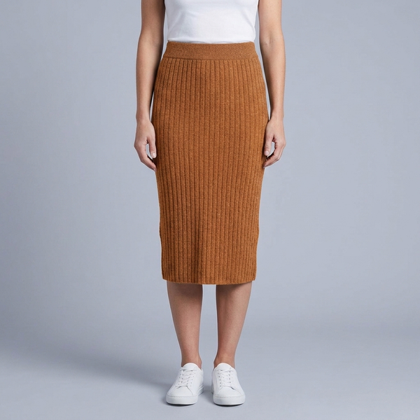 Women's Midi Skirt | Ribbed Knit Side Split Caramel front view