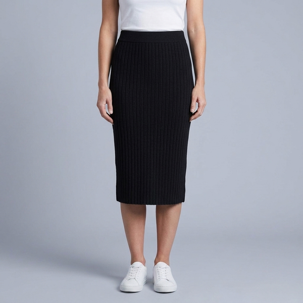 Women's Midi Skirt | Ribbed Knit Side Split Black front view