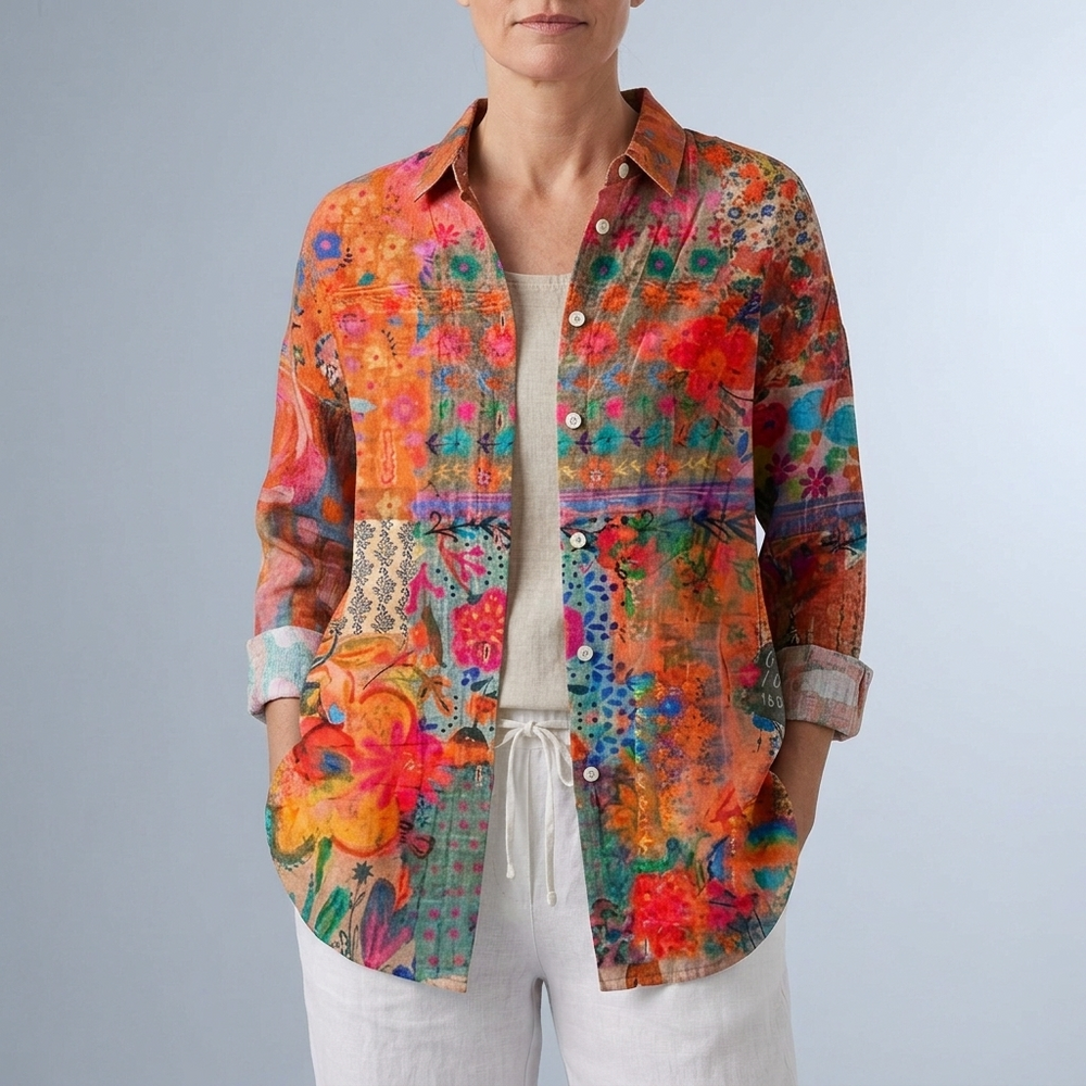 Women's Blouse | Artistic Floral Print Button Front Pink front view