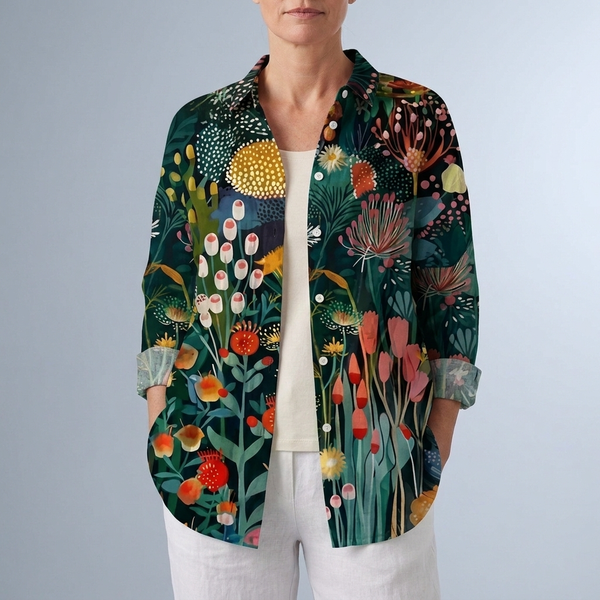 Women's Blouse | Artistic Floral Print Button Front Green front view