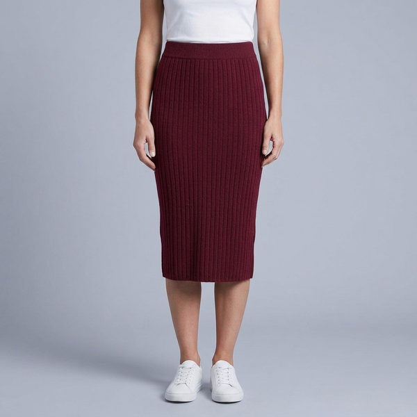 Women's Midi Skirt | Ribbed Knit Side Split Bordeaux Red front view