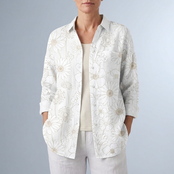 Women's Blouse | Artistic Floral Print Button Front White front view