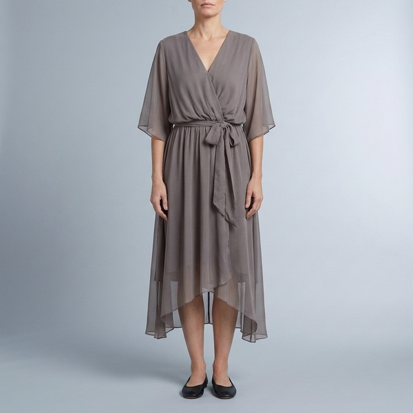 Women's Wrap Dress | Midi V-Neck Belted Grey front view
