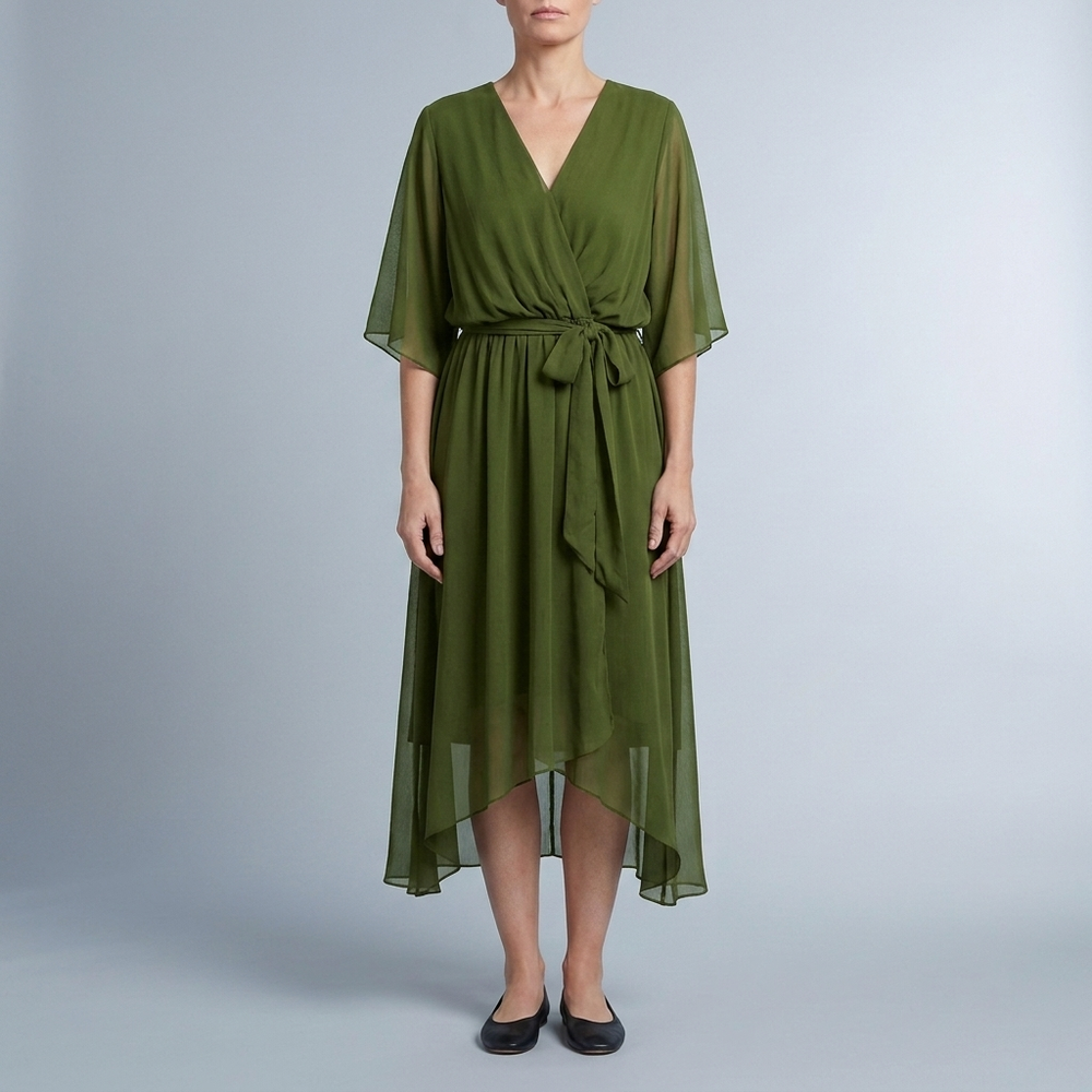 Women's Wrap Dress | Midi V-Neck Belted Black front view
