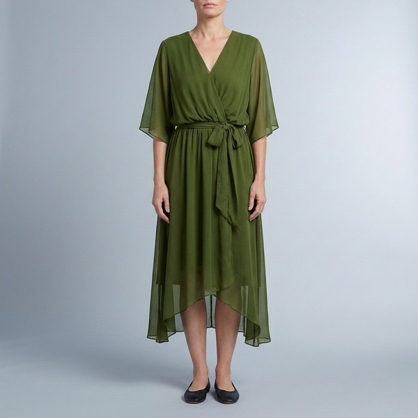 Women's Wrap Dress | Midi V-Neck Belted Green front view