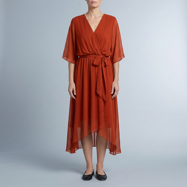 Women's Wrap Dress | Midi V-Neck Belted Red & Orange front view