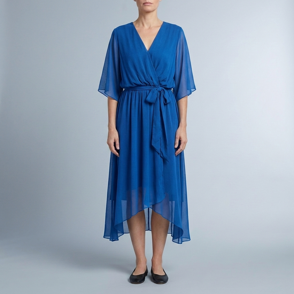 Women's Wrap Dress | Midi V-Neck Belted Black front view