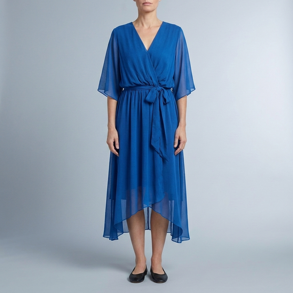 Women's Wrap Dress | Midi V-Neck Belted Blue front view