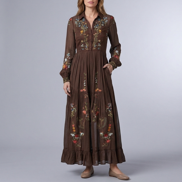 Women's Shirt Dress | Maxi Floral Print Belted Dark Brown front view