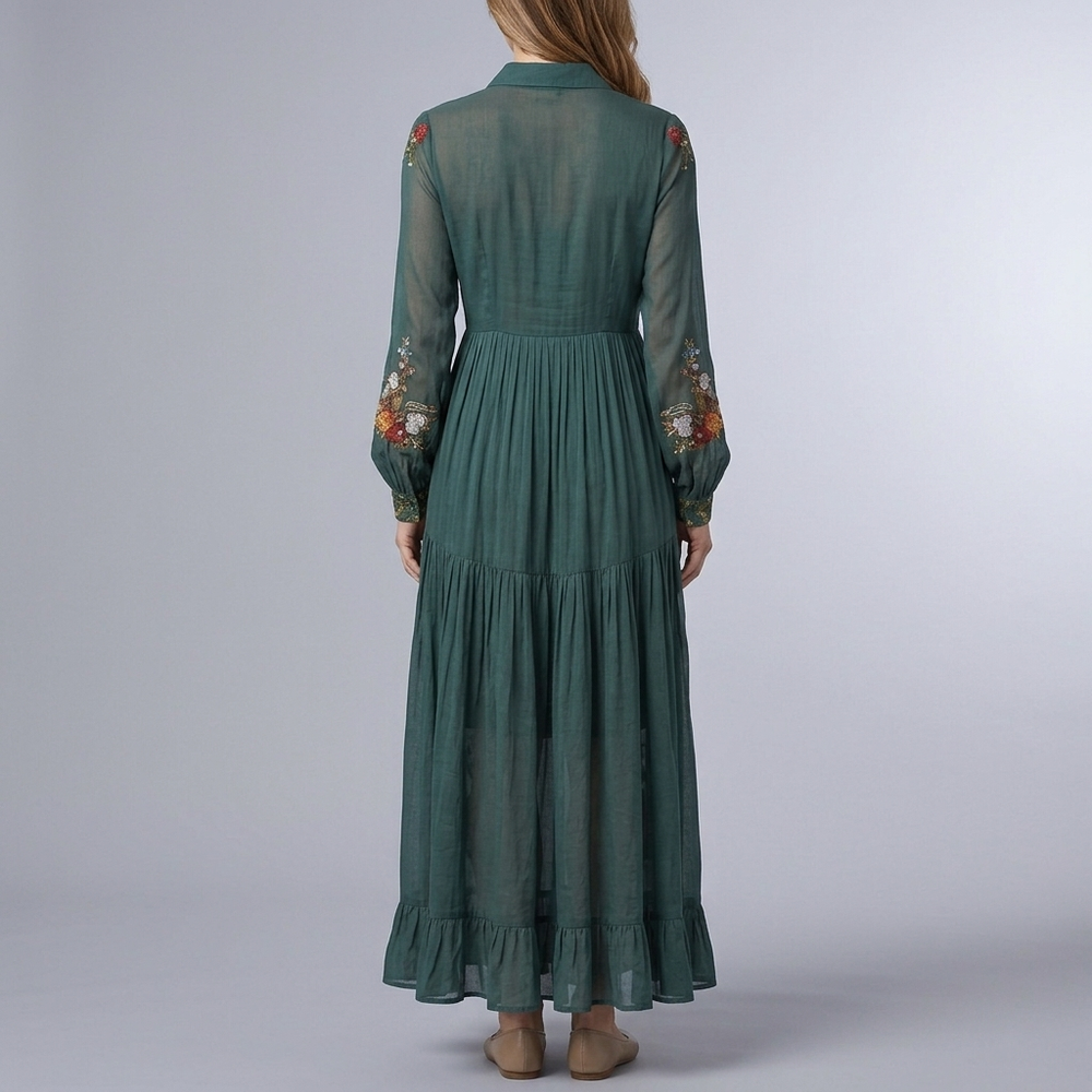 Women's Shirt Dress | Maxi Floral Print Belted Green front view