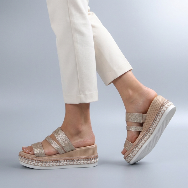 Platform Sandals For Women | Glitter Open Toe White worn side view sole