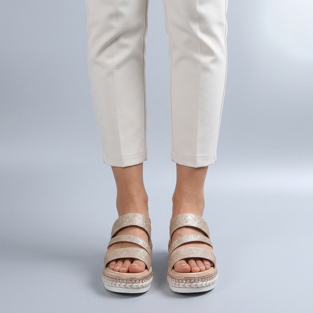 Platform Sandals For Women | Glitter Open Toe White three-quarter front view