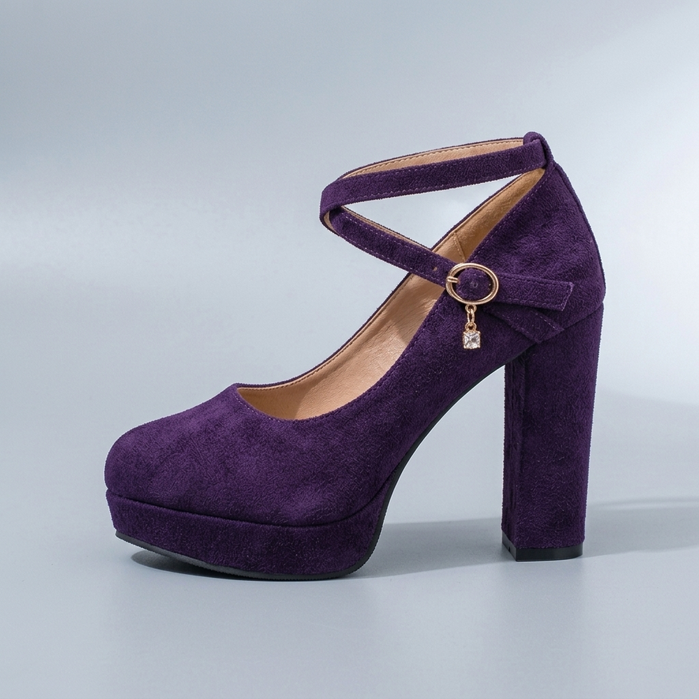 Mary Jane Shoes For Women | Platform Block Heel Ankle Strap Purple three-quarter front view