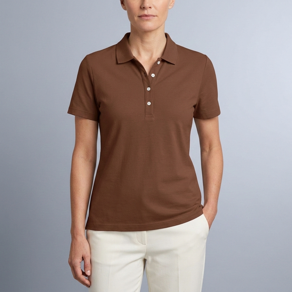 Women's Polo Shirt | Short Sleeve Button Neck Brown front view
