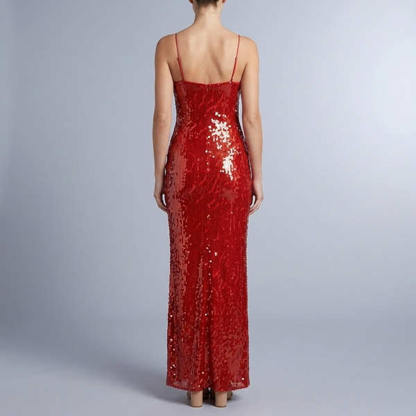 Women's Sequin Dress | Maxi Deep V-Neck Spaghetti Strap Red back view