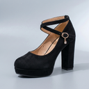 Mary Jane Shoes For Women | Platform Block Heel Ankle Strap Black three-quarter front view