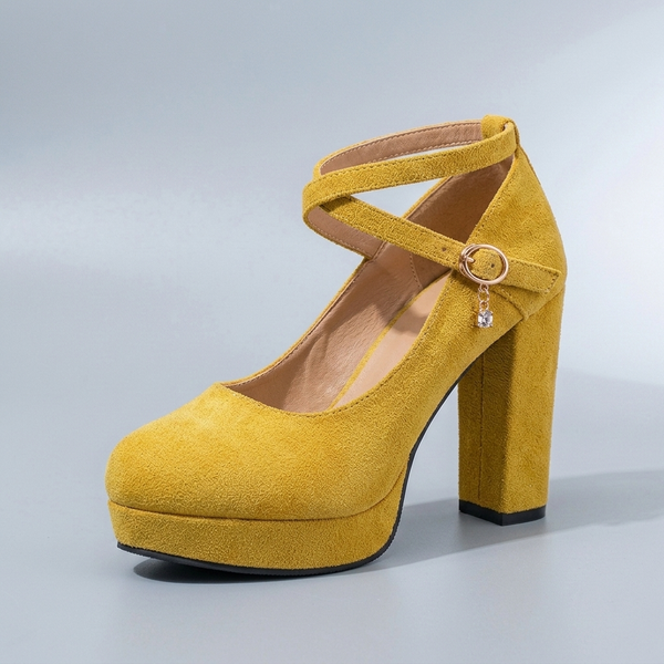 Mary Jane Shoes For Women | Platform Block Heel Ankle Strap Yellow three-quarter front view