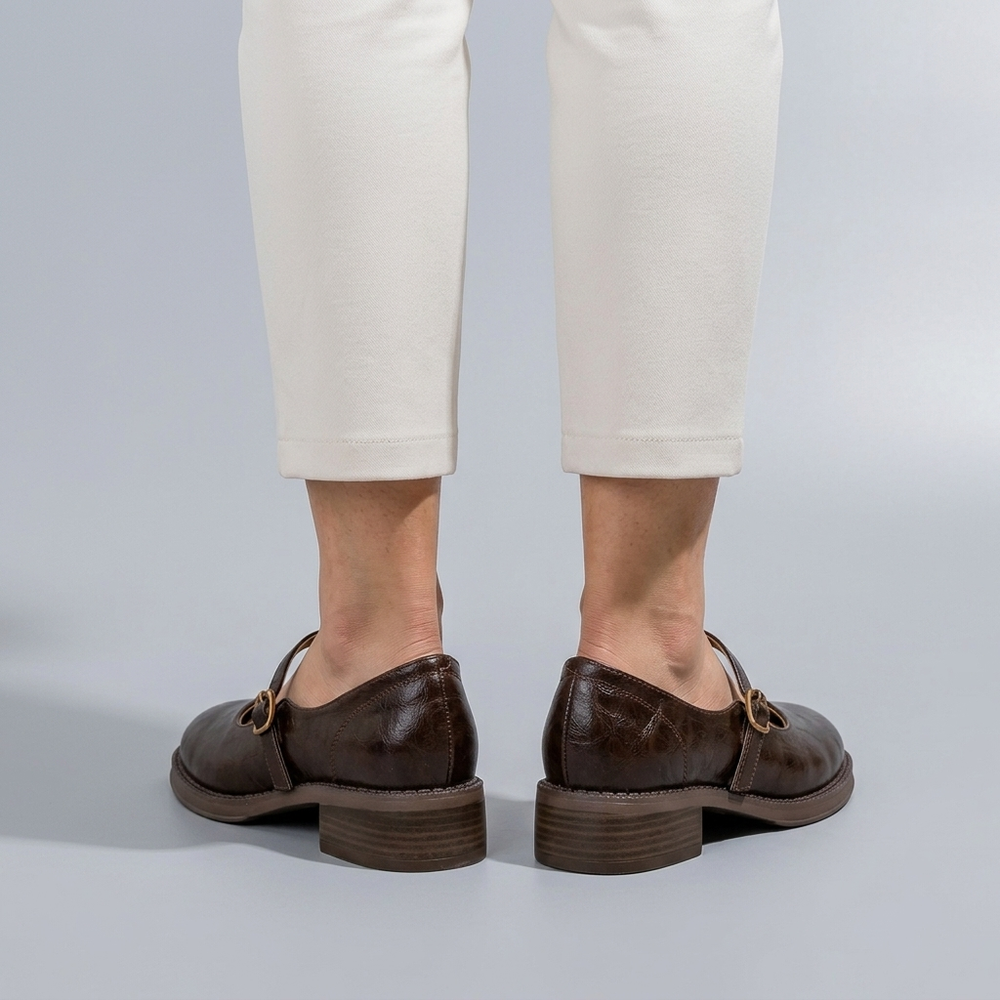 Mary Jane Shoes For Women | Round Toe Buckle Strap Brown three-quarter front view