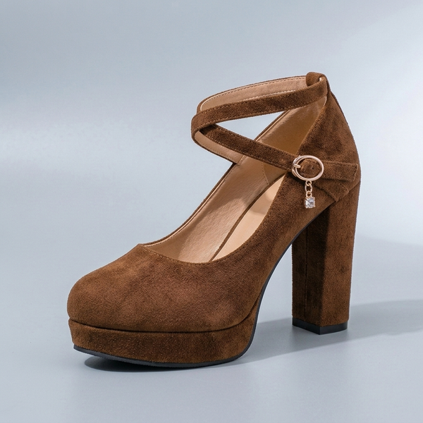 Mary Jane Shoes For Women | Platform Block Heel Ankle Strap Brown three-quarter front view