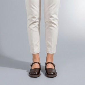 Mary Jane Shoes For Women | Round Toe Buckle Strap Brown worn front view