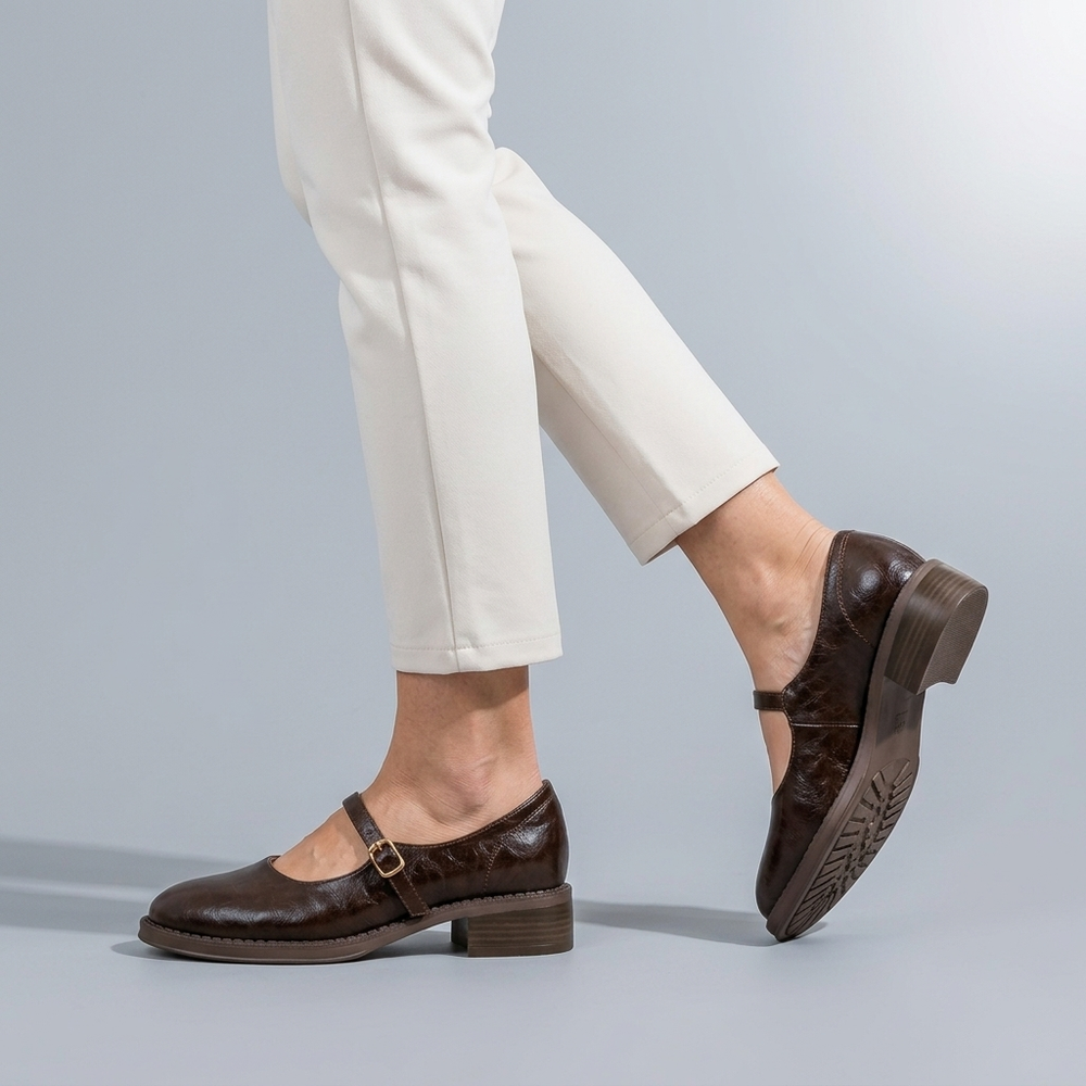 Mary Jane Shoes For Women | Round Toe Buckle Strap Brown three-quarter front view
