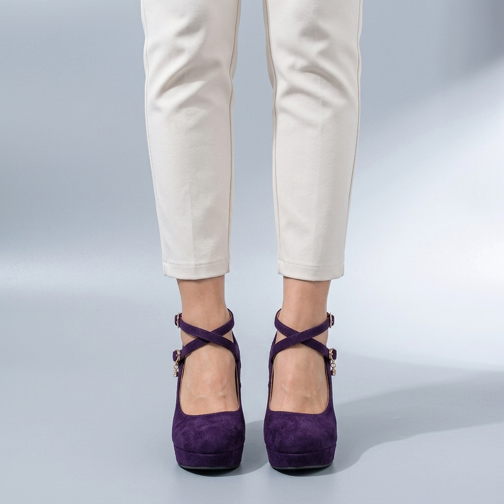 Mary Jane Shoes For Women | Platform Block Heel Ankle Strap Purple three-quarter front view