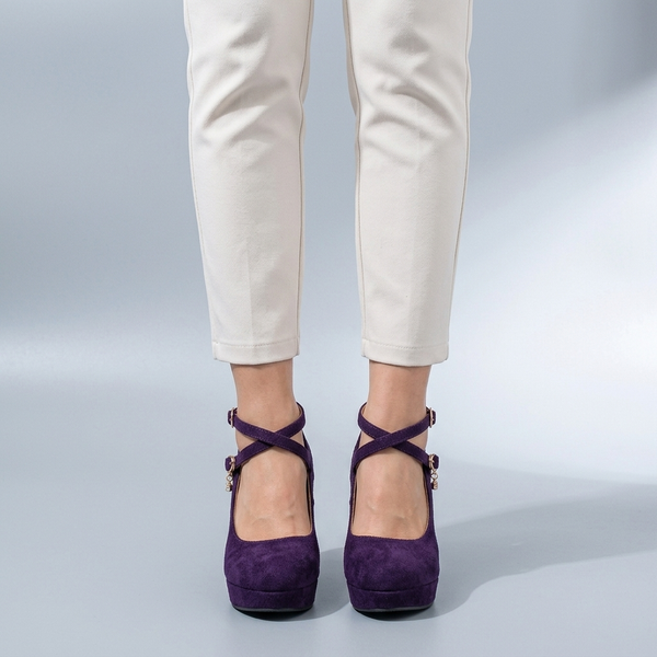 Mary Jane Shoes For Women | Platform Block Heel Ankle Strap Purple worn front view