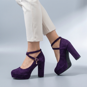 Mary Jane Shoes For Women | Platform Block Heel Ankle Strap Purple worn side view sole