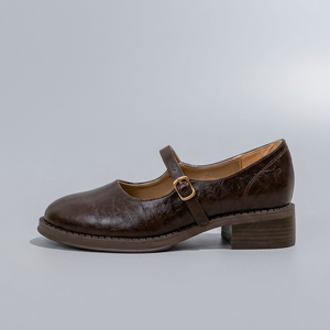 Mary Jane Shoes For Women | Round Toe Buckle Strap Brown side profile