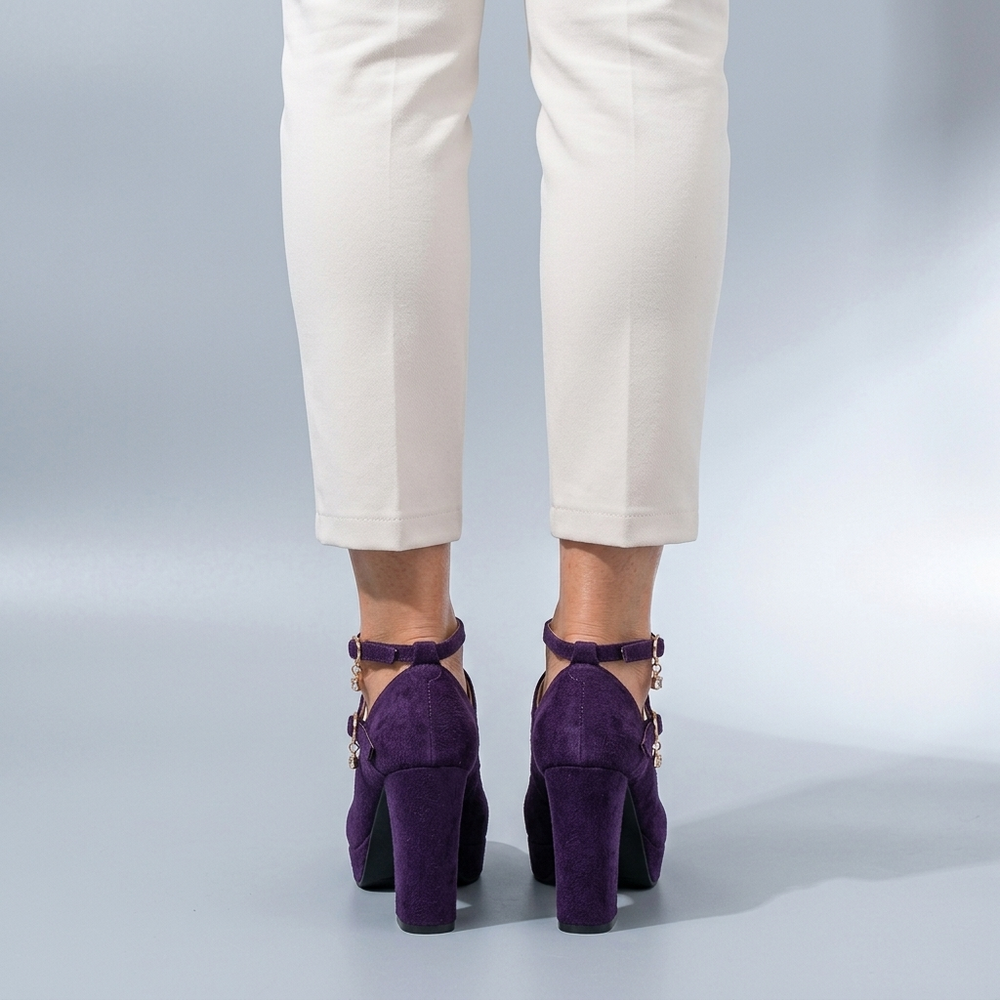 Mary Jane Shoes For Women | Platform Block Heel Ankle Strap Purple three-quarter front view