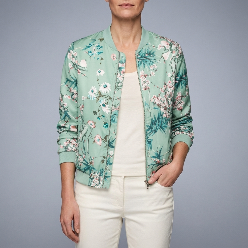 Women's Bomber Jacket | Floral Print Zip Front Blue front view