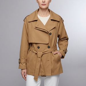 Women's Trench Coat | Belted Double Breasted Long Sleeve Brown front view