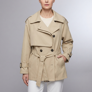 Women's Trench Coat | Belted Double Breasted Long Sleeve Beige front view