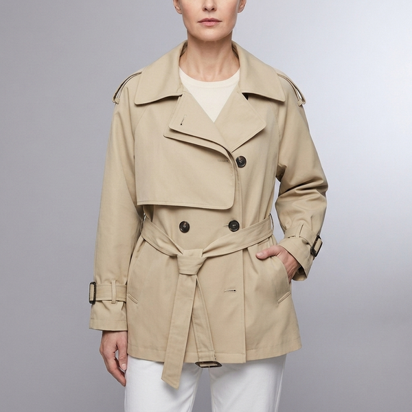 Women's Trench Coat | Belted Double Breasted Long Sleeve Beige front view