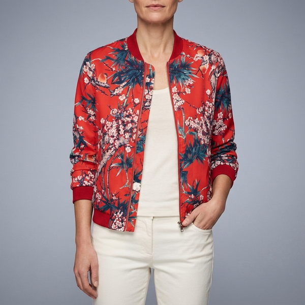 Women's Bomber Jacket | Floral Print Zip Front Red front view