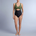 Women's Swimsuit | V-Neck Cutout Ruched One Piece Army Green+Black front view