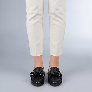 Black Shoes For Women | Pointed Toe Slip-On Flat Bow Loafers Black worn front view