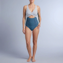 Women's Swimsuit | V-Neck Cutout Ruched One Piece Striped+Grey front view